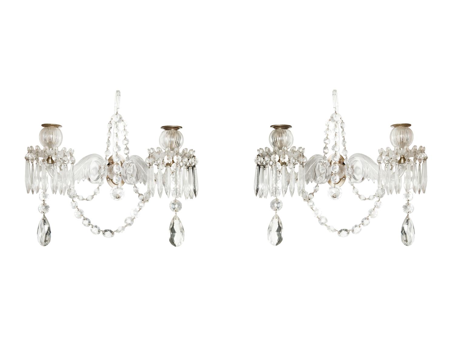 A Pair of English Cut Glass Two-Light Sconces