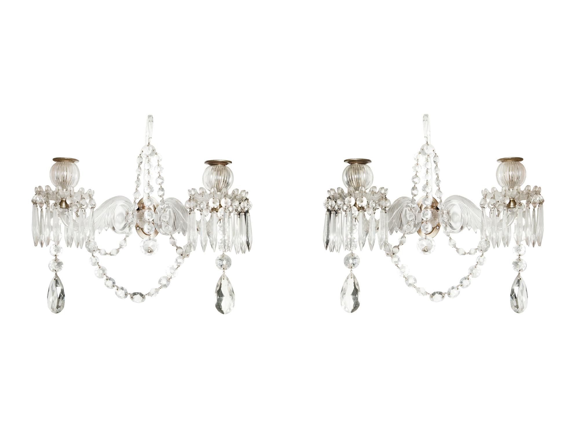 A Pair of English Cut Glass Two-Light Sconces