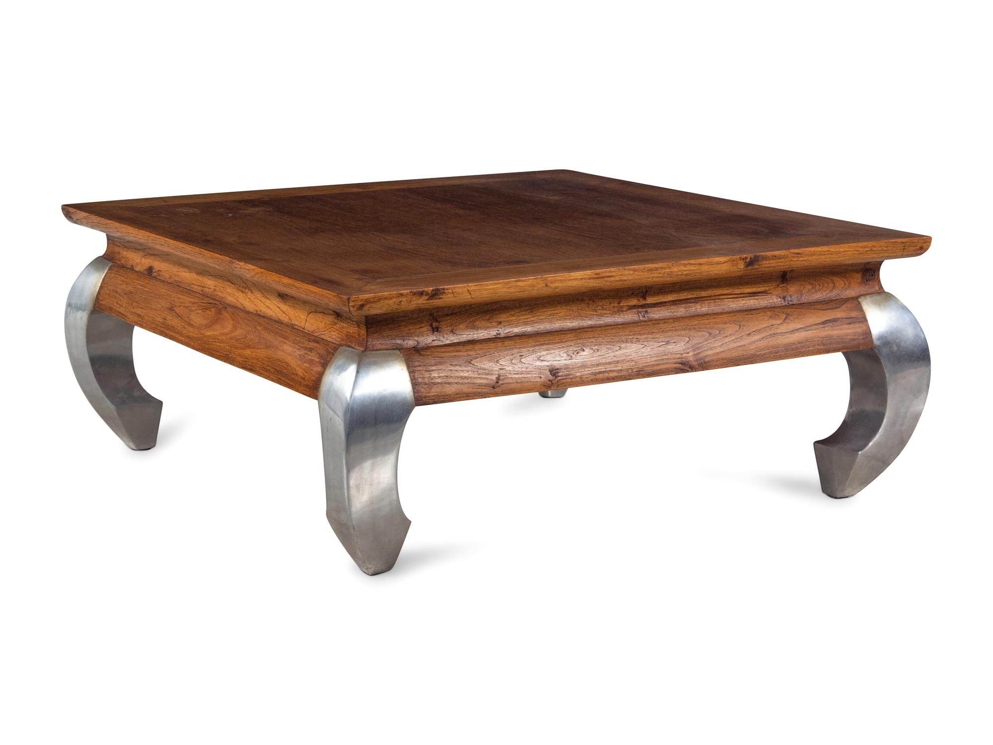 A Contemporary Walnut Cocktail Table with Chromed Metal Legs
