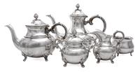 A German Silver Five-Piece Tea and Coffee Service, 20th Century, comprising a coffee pot, teapot, creamer, covered sugar and waste bowl