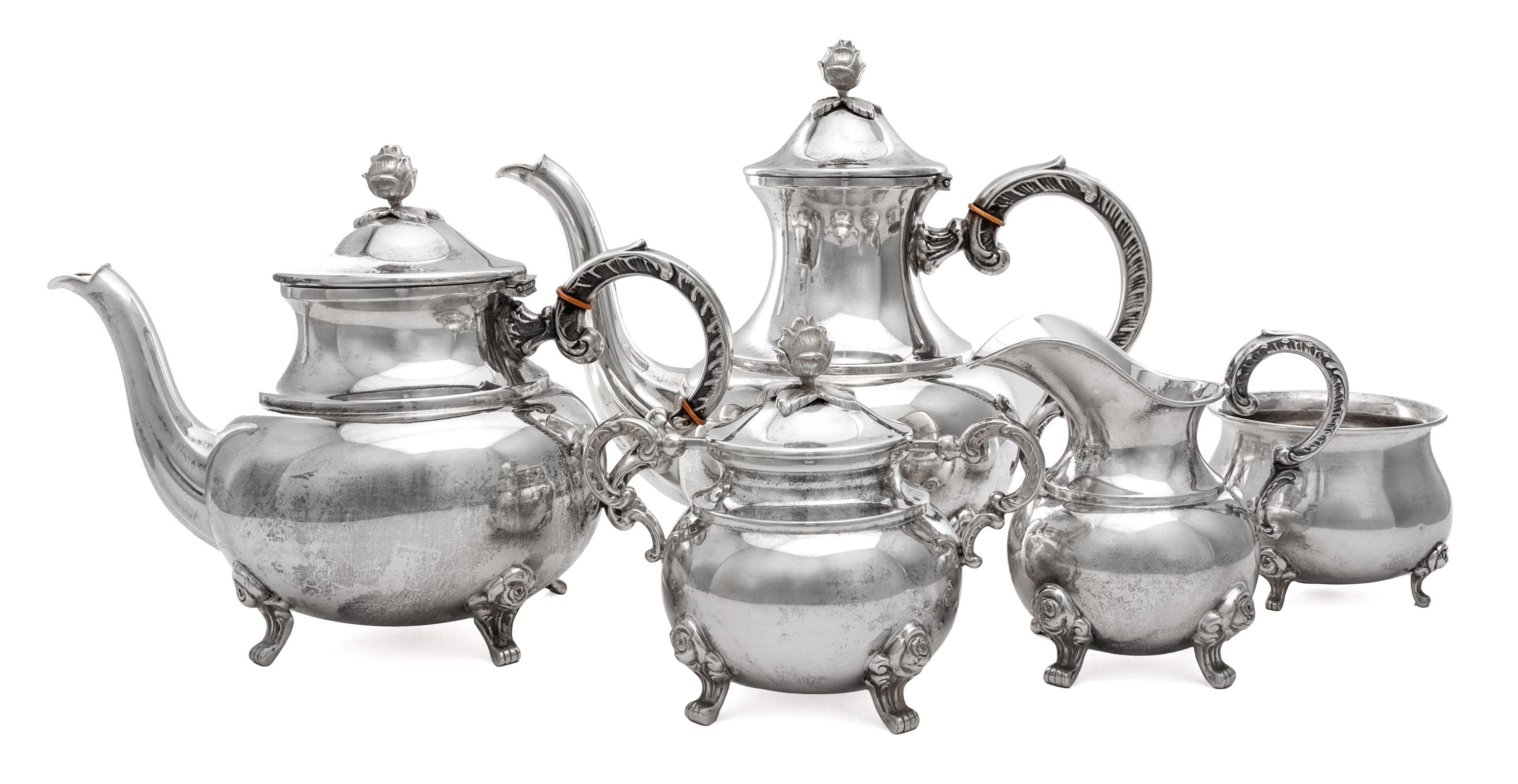 A German Silver Five-Piece Tea and Coffee Service, 20th Century, comprising a coffee pot, teapot, creamer, covered sugar and waste bowl