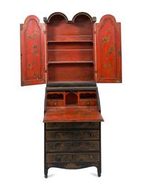 A Chinoiserie-Decorated Painted and Parcel Gilt Bureau Bookcase