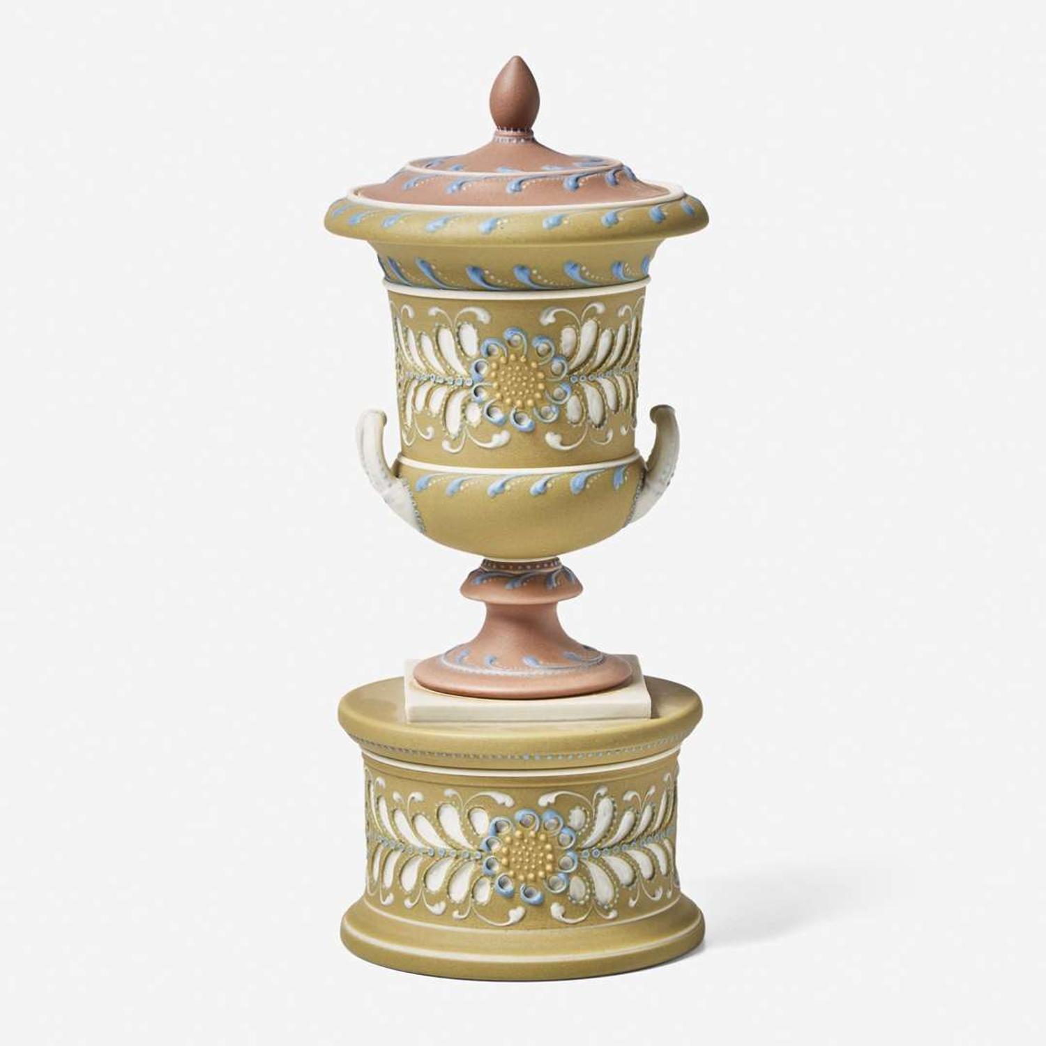 A Harry Barnard Four-Color Dip Jasperware Covered Vase on Stand UK, early 20th century