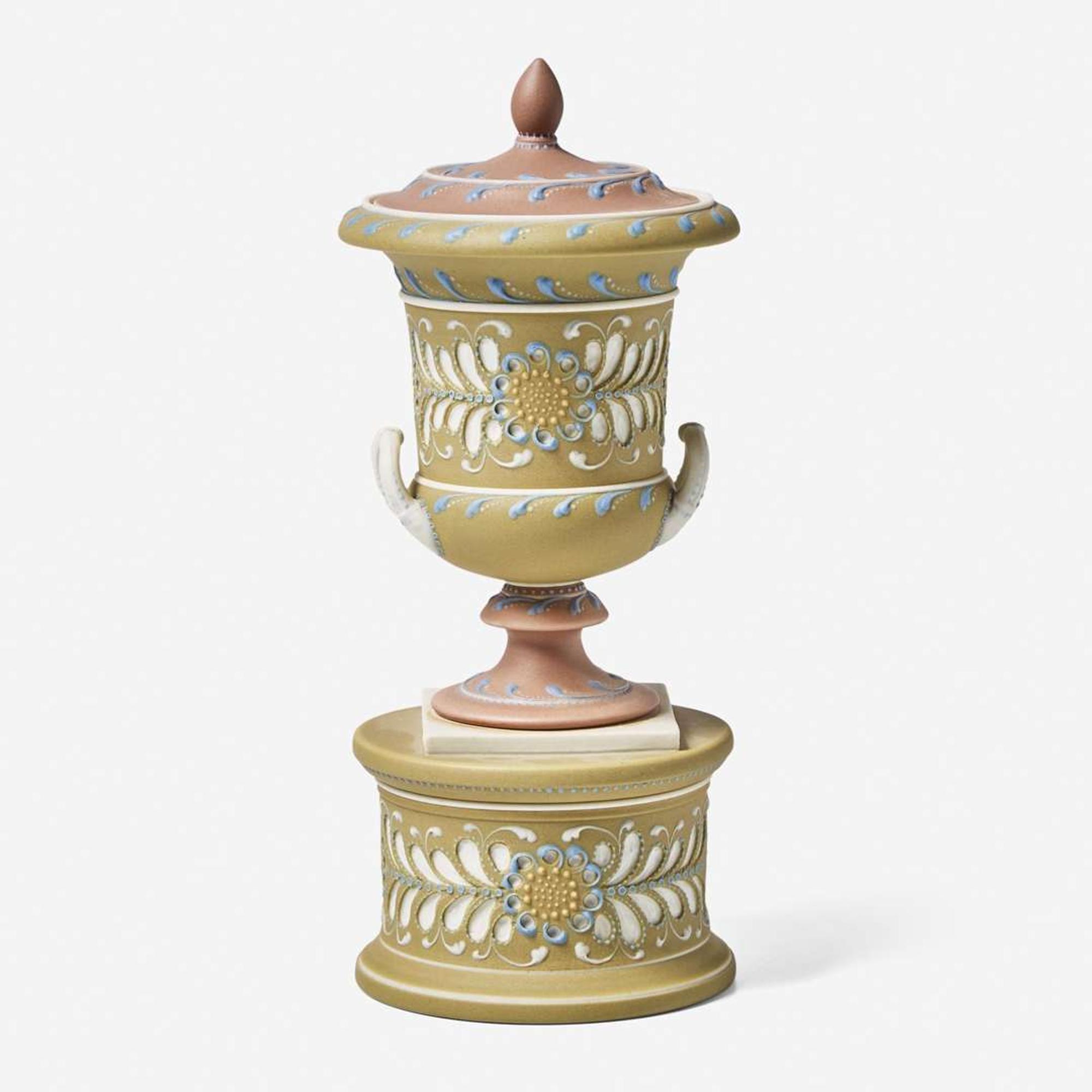 A Harry Barnard Four-Color Dip Jasperware Covered Vase on Stand UK, early 20th century