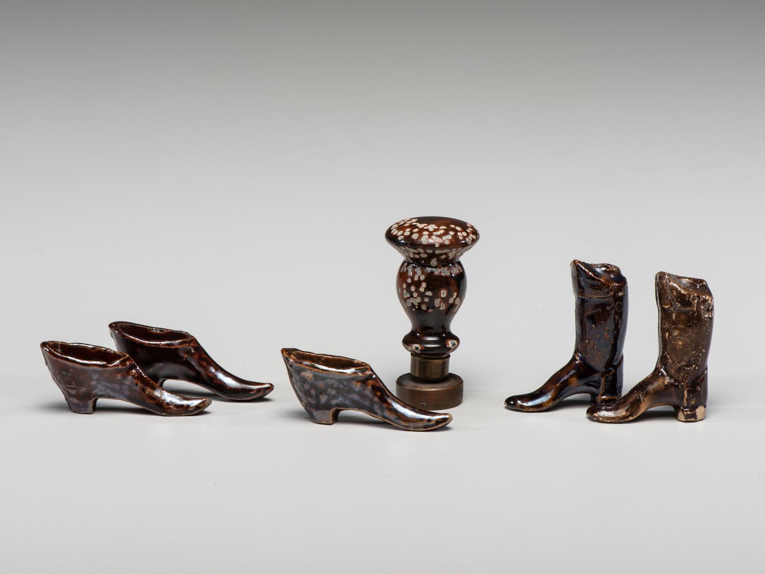 Five Rockingham Glazed Miniature Boots and Shoes