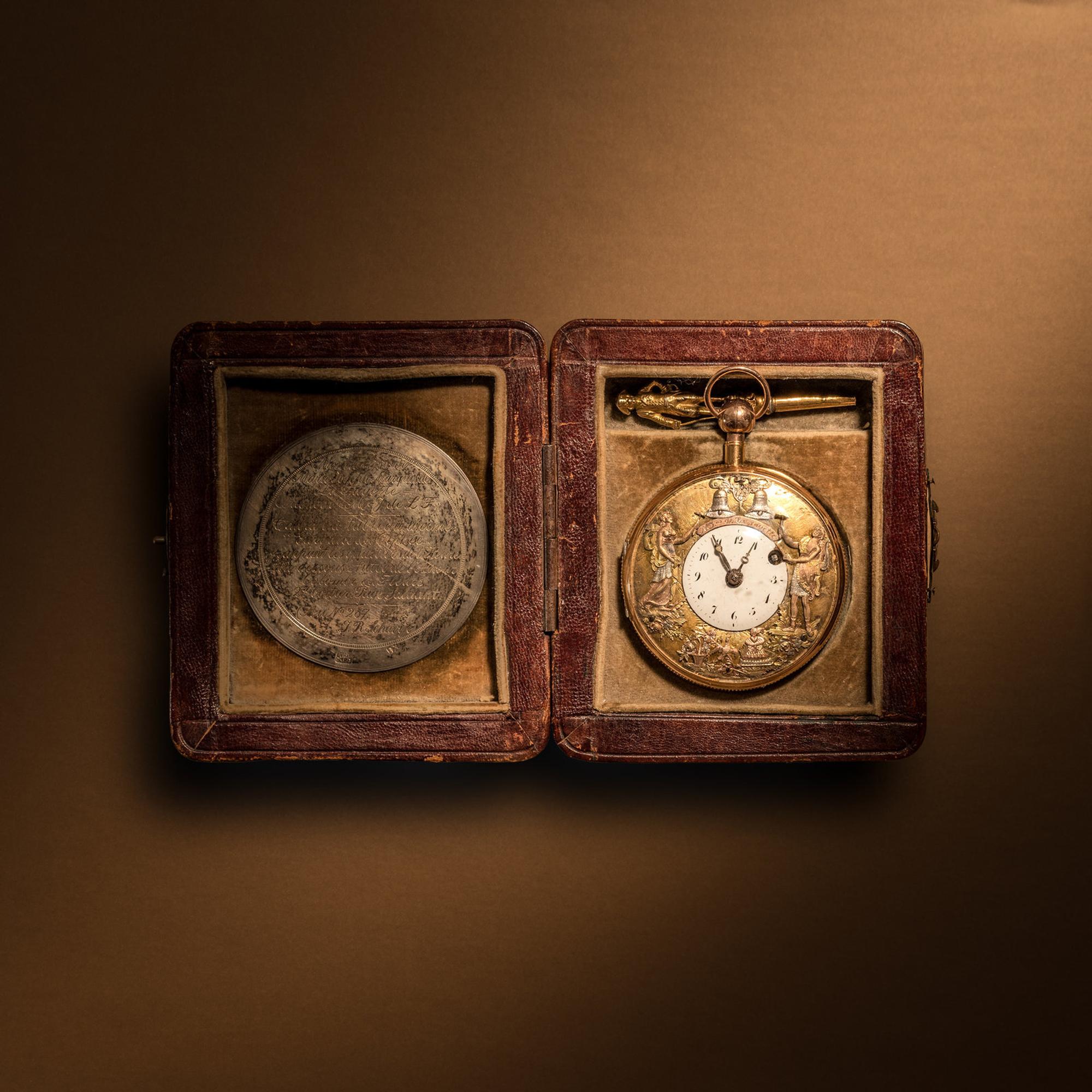 A Historic 18 Karat Tricolor Gold Open Face Jacquemart Automaton Quarter Repeater Pocket Watch Purportedly Owned by Marquis de Lafayette