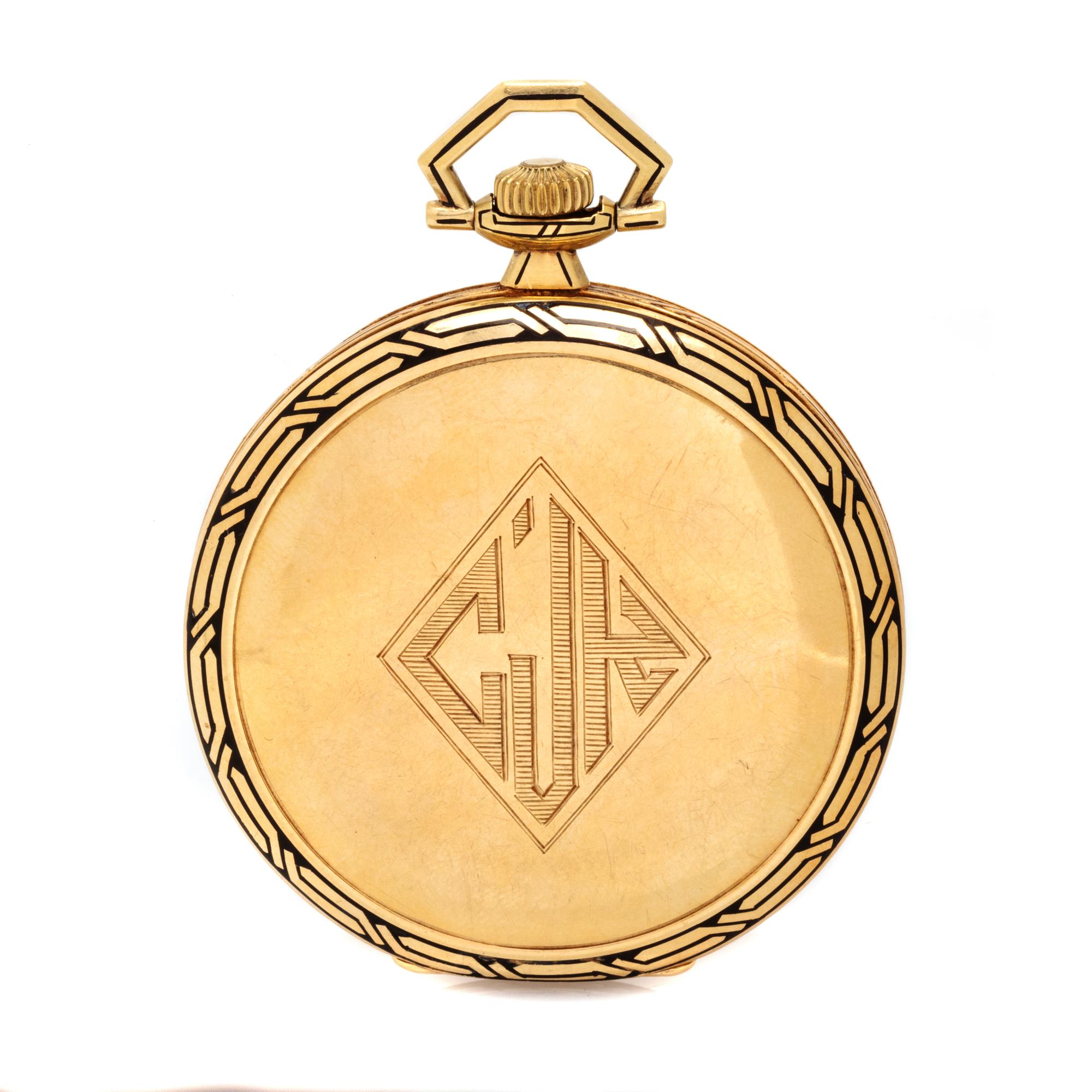 GRUEN, ART DECO, 14K YELLOW GOLD AND ENAMEL OPEN FACE POCKET WATCH