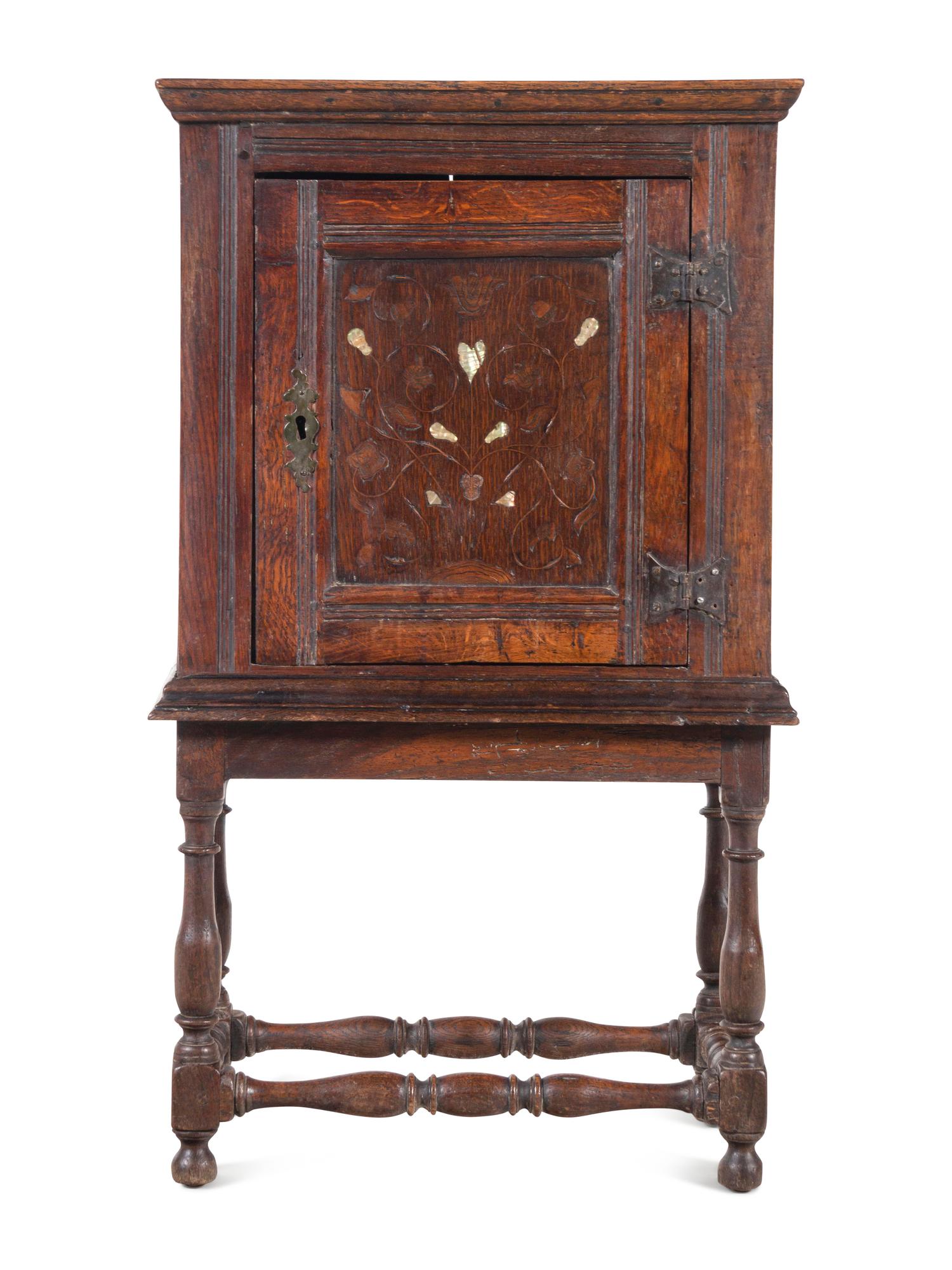 An Italian Walnut and Mother-of-Pearl Inlaid Cabinet on Stand