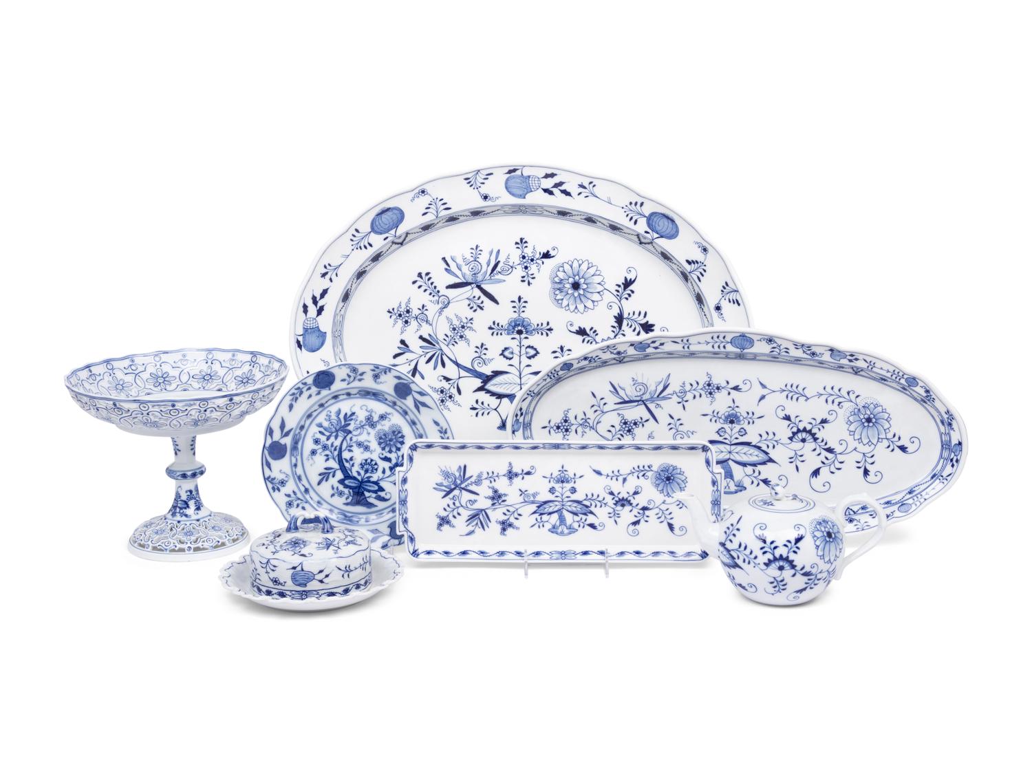 Six Meissen Blue Onion Porcelain Serving Articles