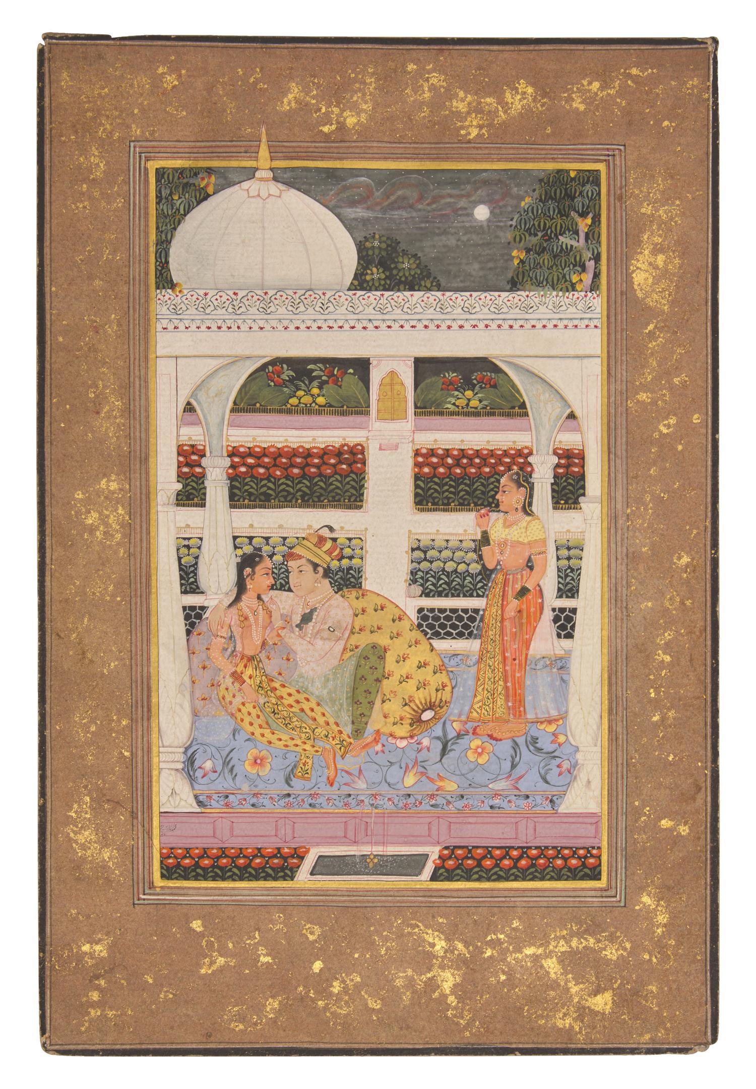 A Painting of an Amorous Scene Within the Harem of the Mughal Court, India, In the Manner of Jaipur, Rajasthan, 20th Century