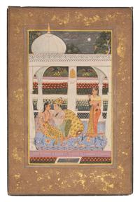 A Painting of an Amorous Scene Within the Harem of the Mughal Court, India, In the Manner of Jaipur, Rajasthan, 20th Century