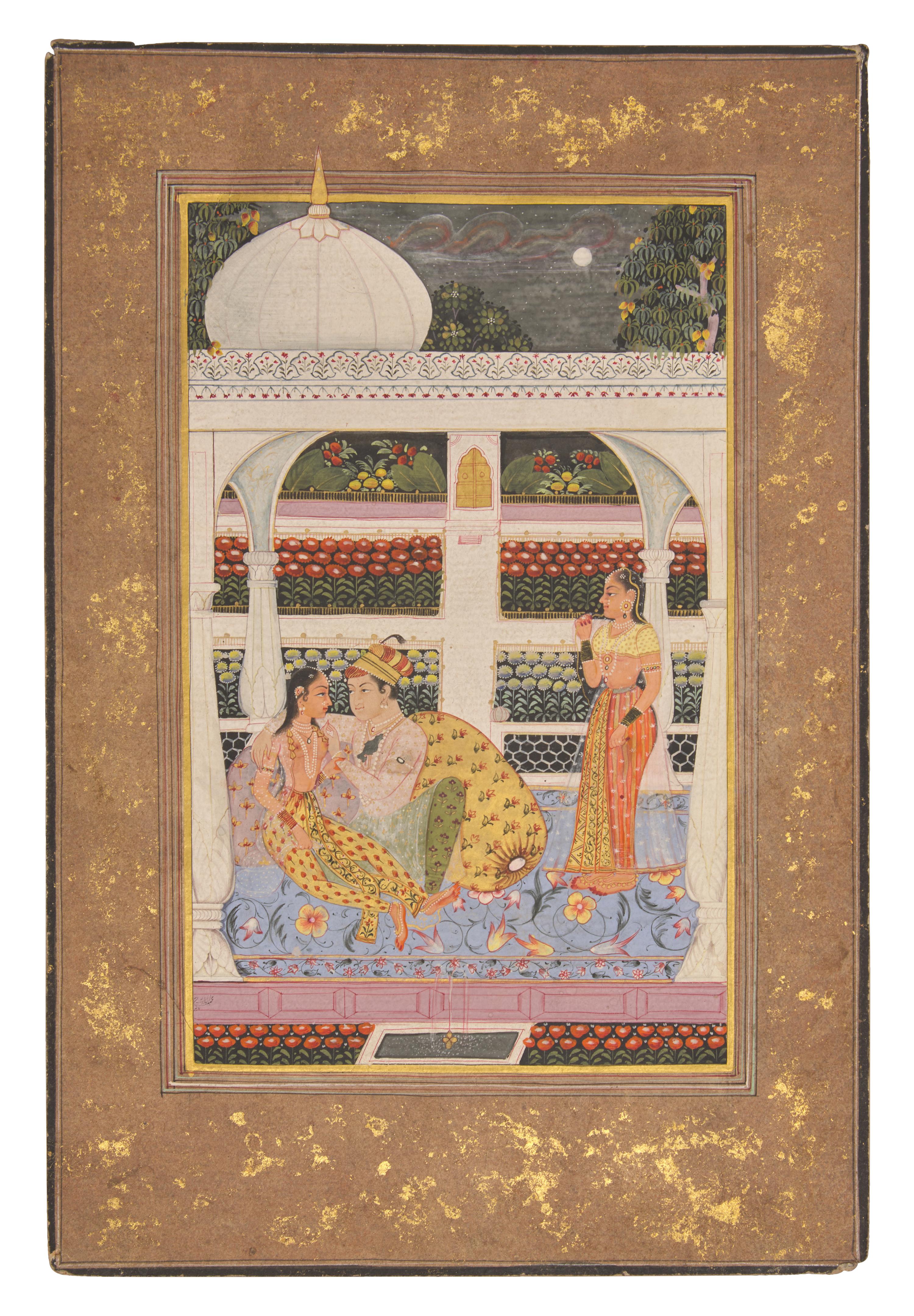A Painting of an Amorous Scene Within the Harem of the Mughal Court, India, In the Manner of Jaipur, Rajasthan, 20th Century