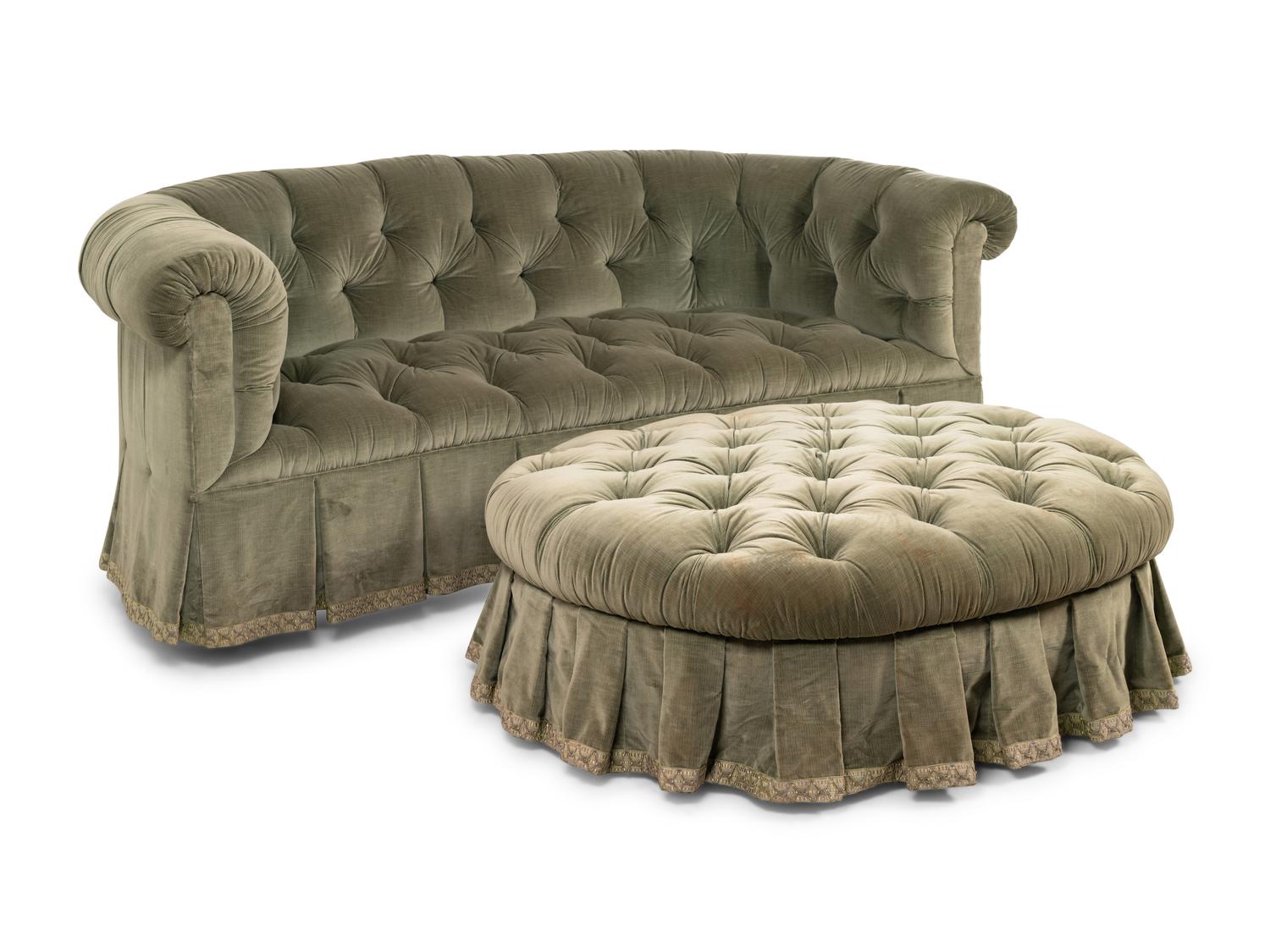 A Green Velvet Button Tufted Sofa and Ottoman