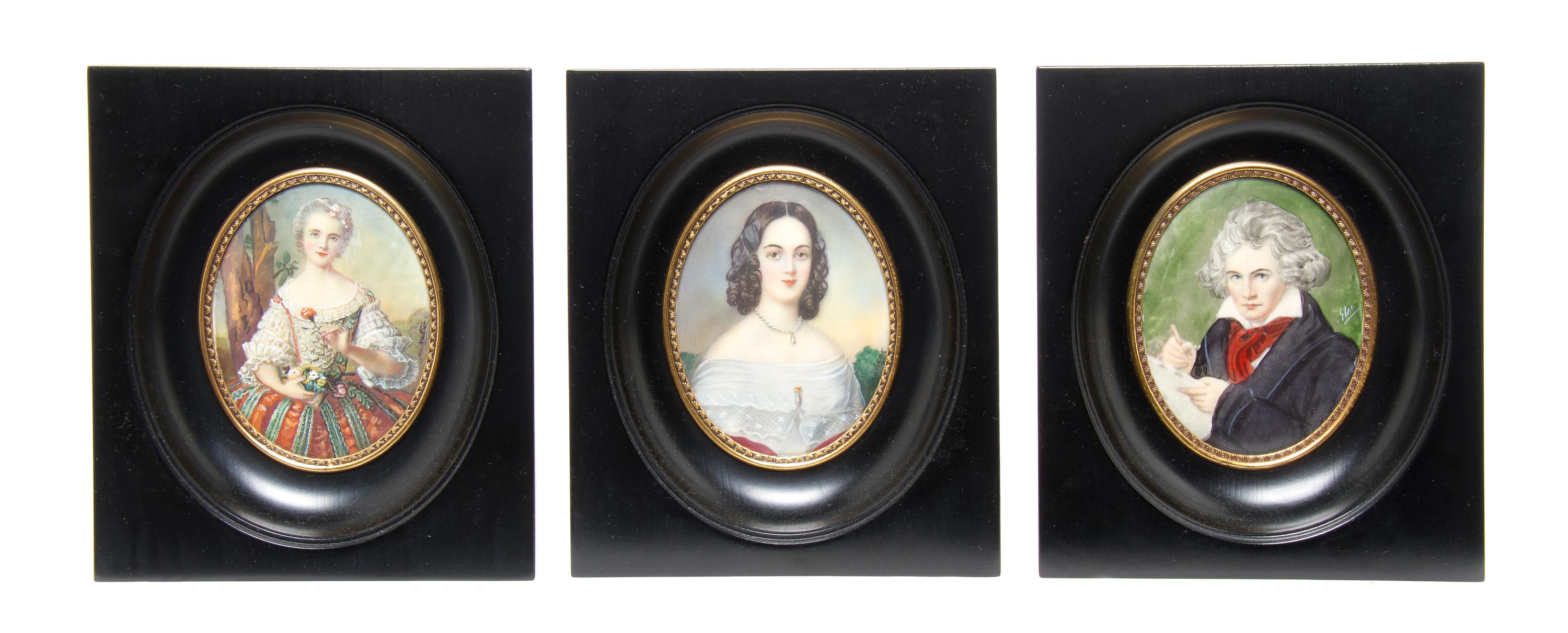 Three Continental Portrait Miniatures, Height 3 1/4 inches.