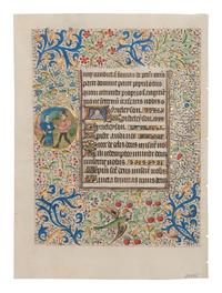 CIRCLE OF THE MASTER OF COËTIVY (COLIN D’AMIENS) (active Paris, c. 1450-1485) A leaf from the “Alexis Hours,” including a historiated initial of a Cleric and two roundels with Scenes from the Life of St. Catherine, in Latin, illuminated manuscript on parchment [Paris, c. 1460-1470].