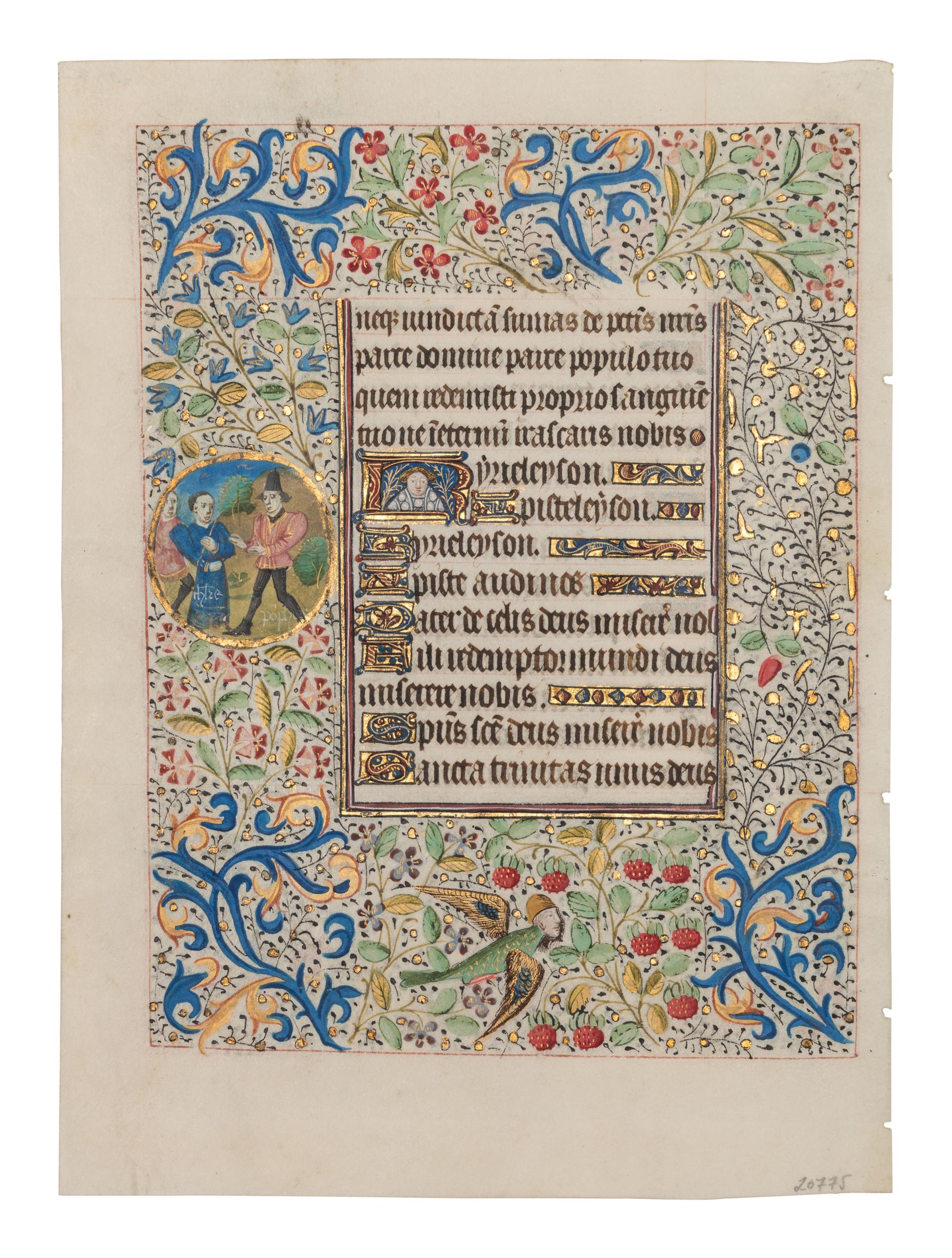 CIRCLE OF THE MASTER OF COËTIVY (COLIN D’AMIENS) (active Paris, c. 1450-1485) A leaf from the “Alexis Hours,” including a historiated initial of a Cleric and two roundels with Scenes from the Life of St. Catherine, in Latin, illuminated manuscript on parchment [Paris, c. 1460-1470].