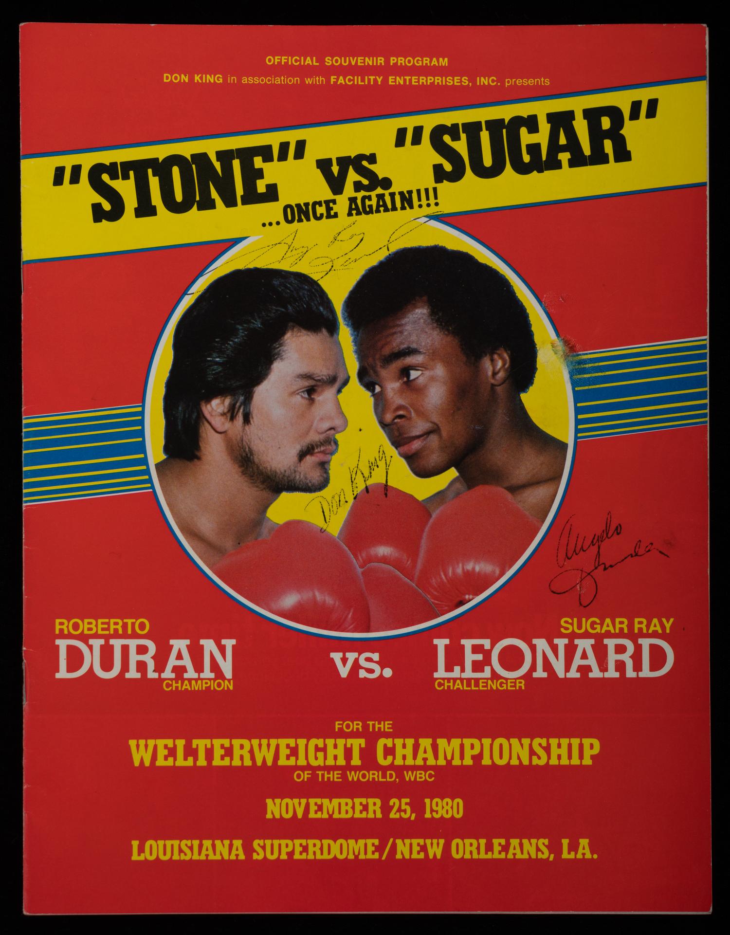 A 1980 Sugar Ray Leonard vs. Roberto Duran "No Mas" On Site Fight Program Signed by Leonard, Angelo Dundee and Don King,