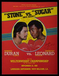 A 1980 Sugar Ray Leonard vs. Roberto Duran "No Mas" On Site Fight Program Signed by Leonard, Angelo Dundee and Don King,