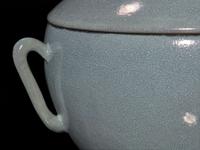 An unusual Chinese pale blue-glazed porcelain vessel with cover 淡蓝釉带盖瓷罐 Xuande mark ???