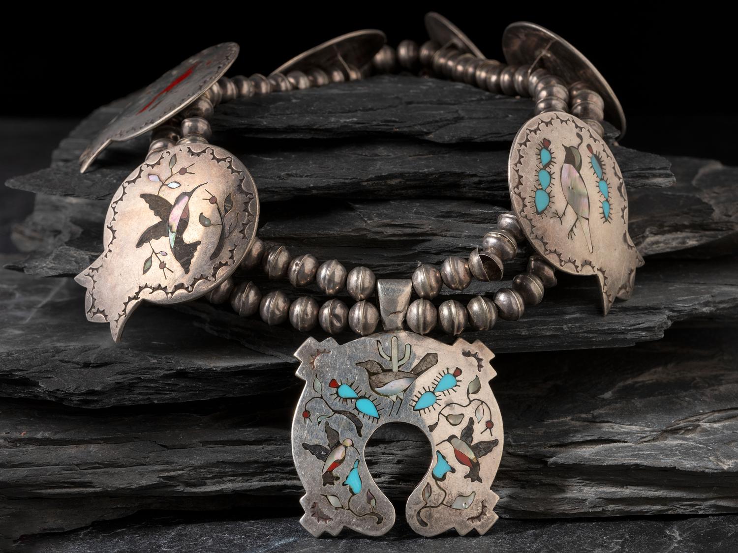 Zuni Mosaic Inlay Avian Squash Blossom Necklace