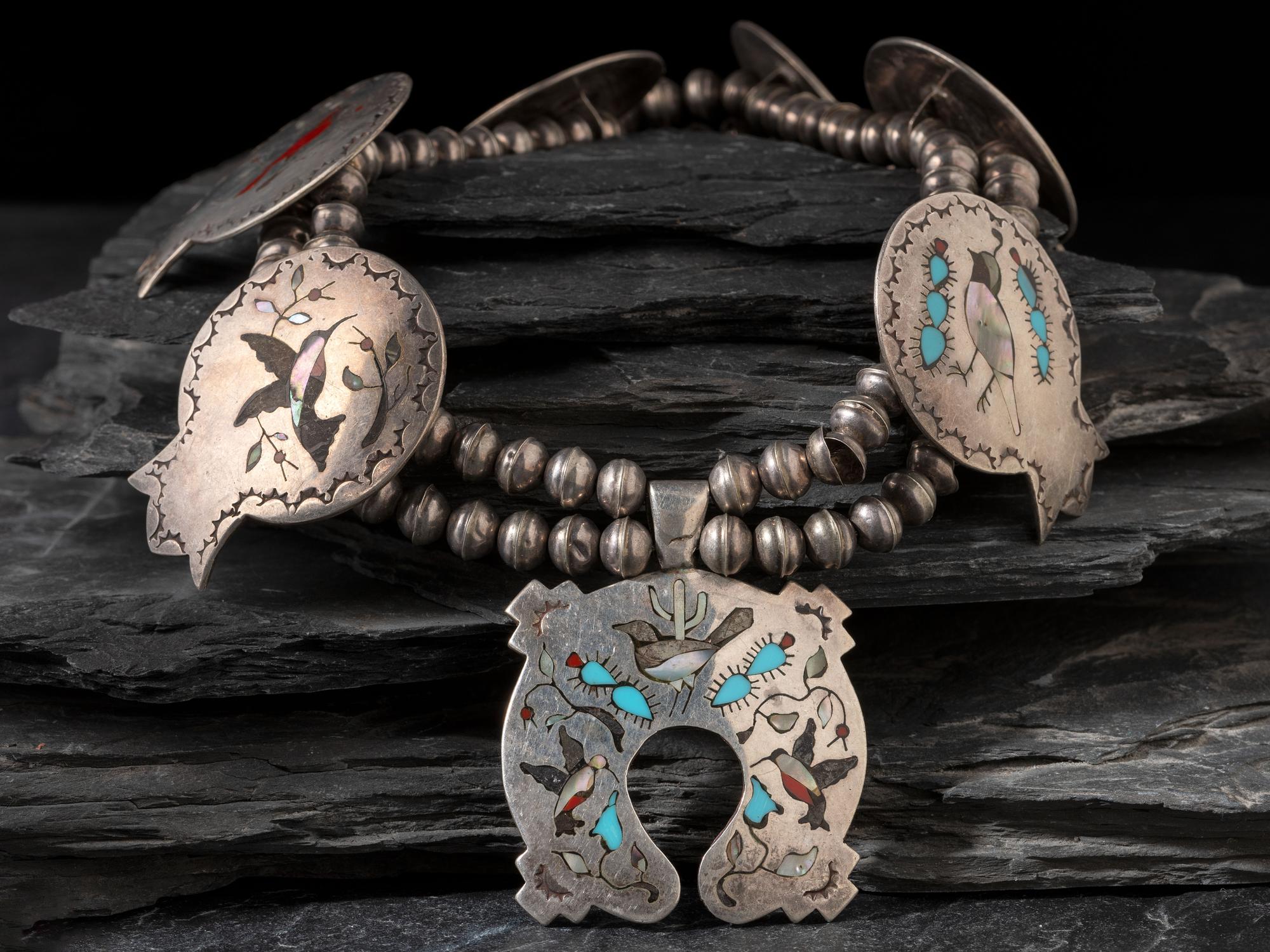 Zuni Mosaic Inlay Avian Squash Blossom Necklace