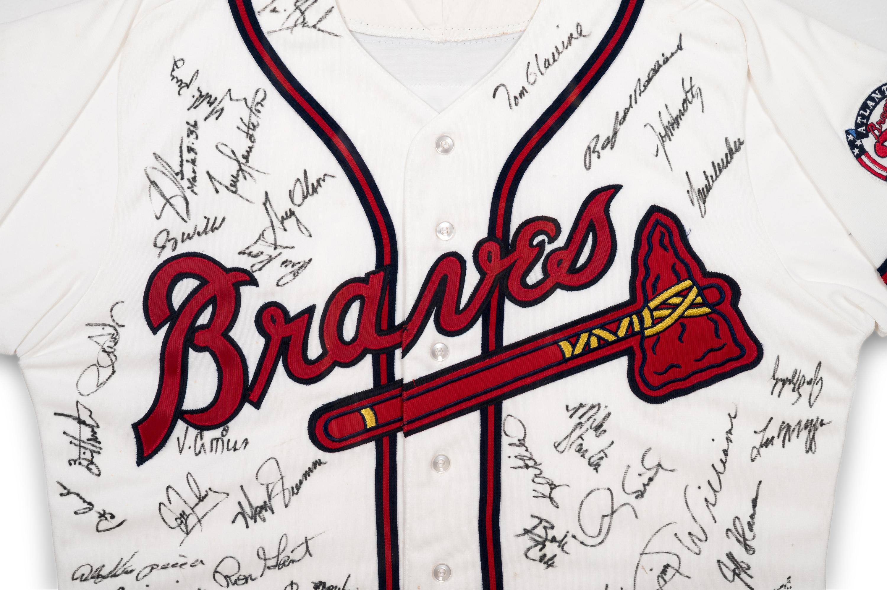 A 1991 Atlanta Braves Team Signed Autograph Pete Smith Game Issued Baseball Jersey (BAS Beckett Authentication Services Certified),