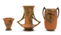 Three Roseville Bushberry Pottery Vases Height of tallest 8 1/2 inches.