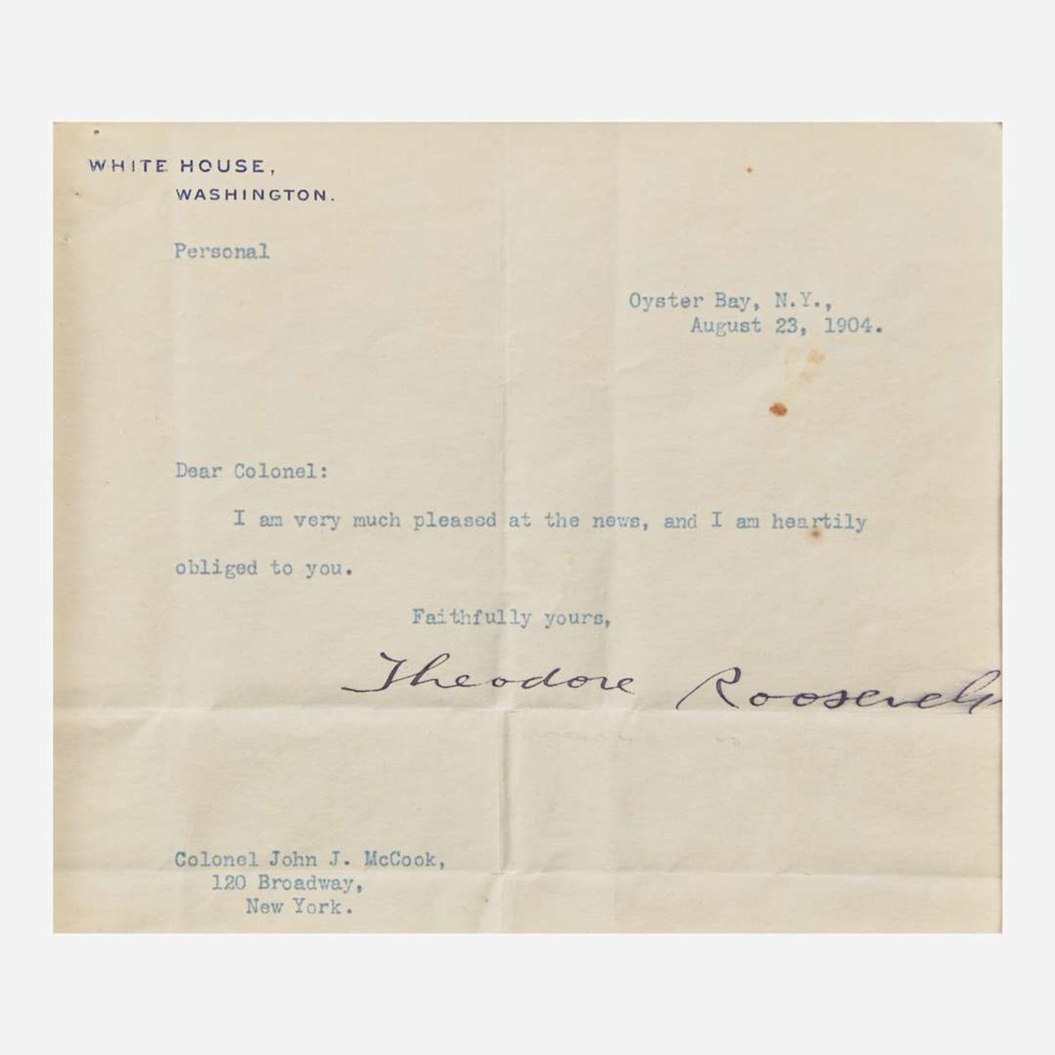 [Presidential] Roosevelt, Theodore Typed Letter, signed
