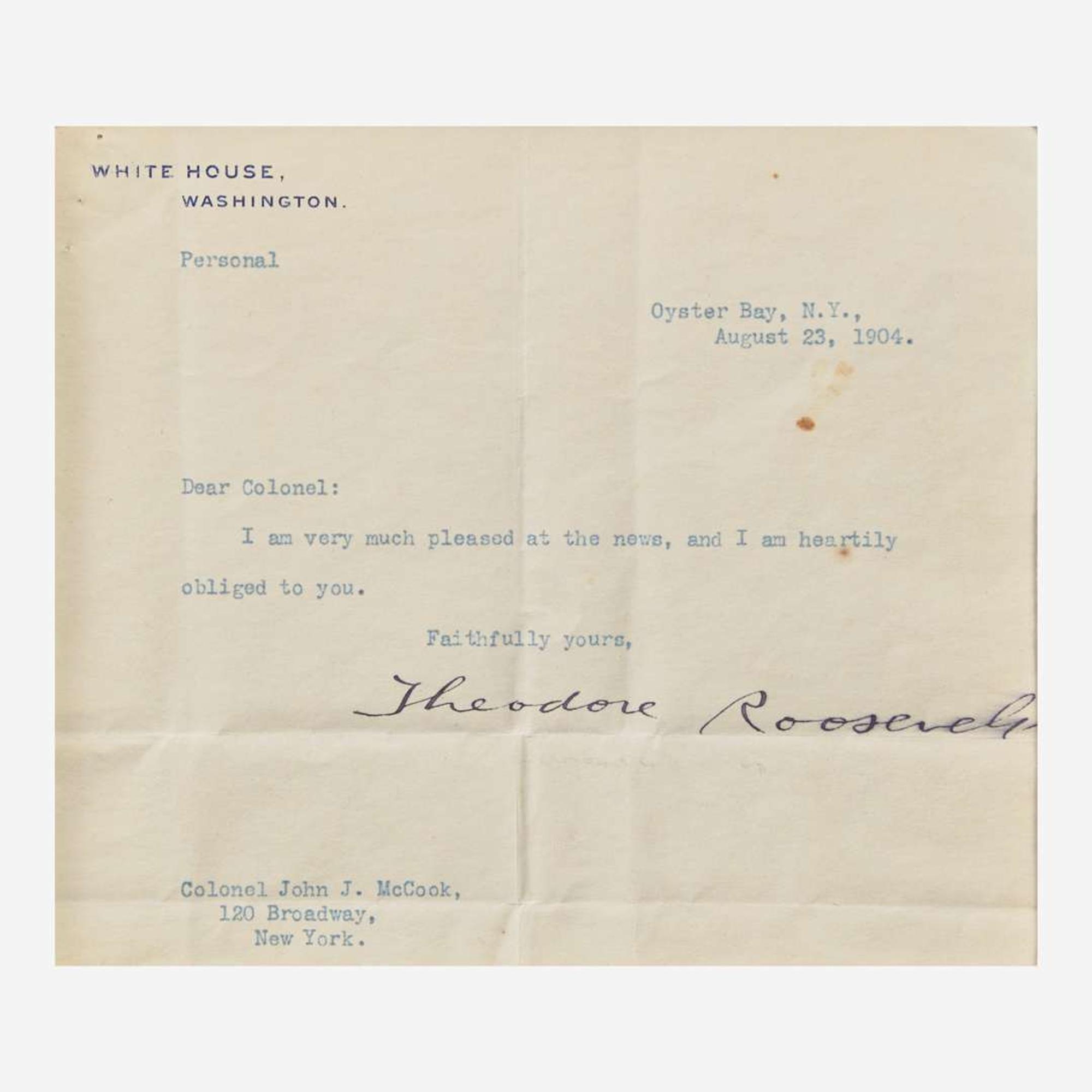 [Presidential] Roosevelt, Theodore Typed Letter, signed