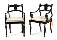 A Set of Twelve Regency Style Black Lacquer and Gilt Chairs Height 35 inches. — 20TH CENTURY