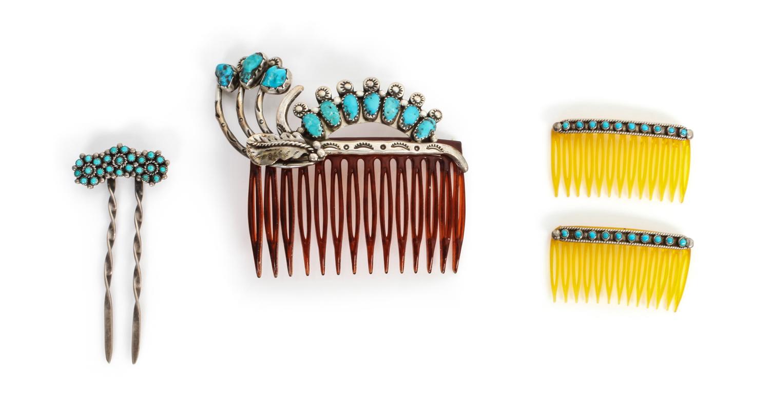 A Group of Southwestern Hair Jewelry Height of largest 3 x width 3 1/2 inches.