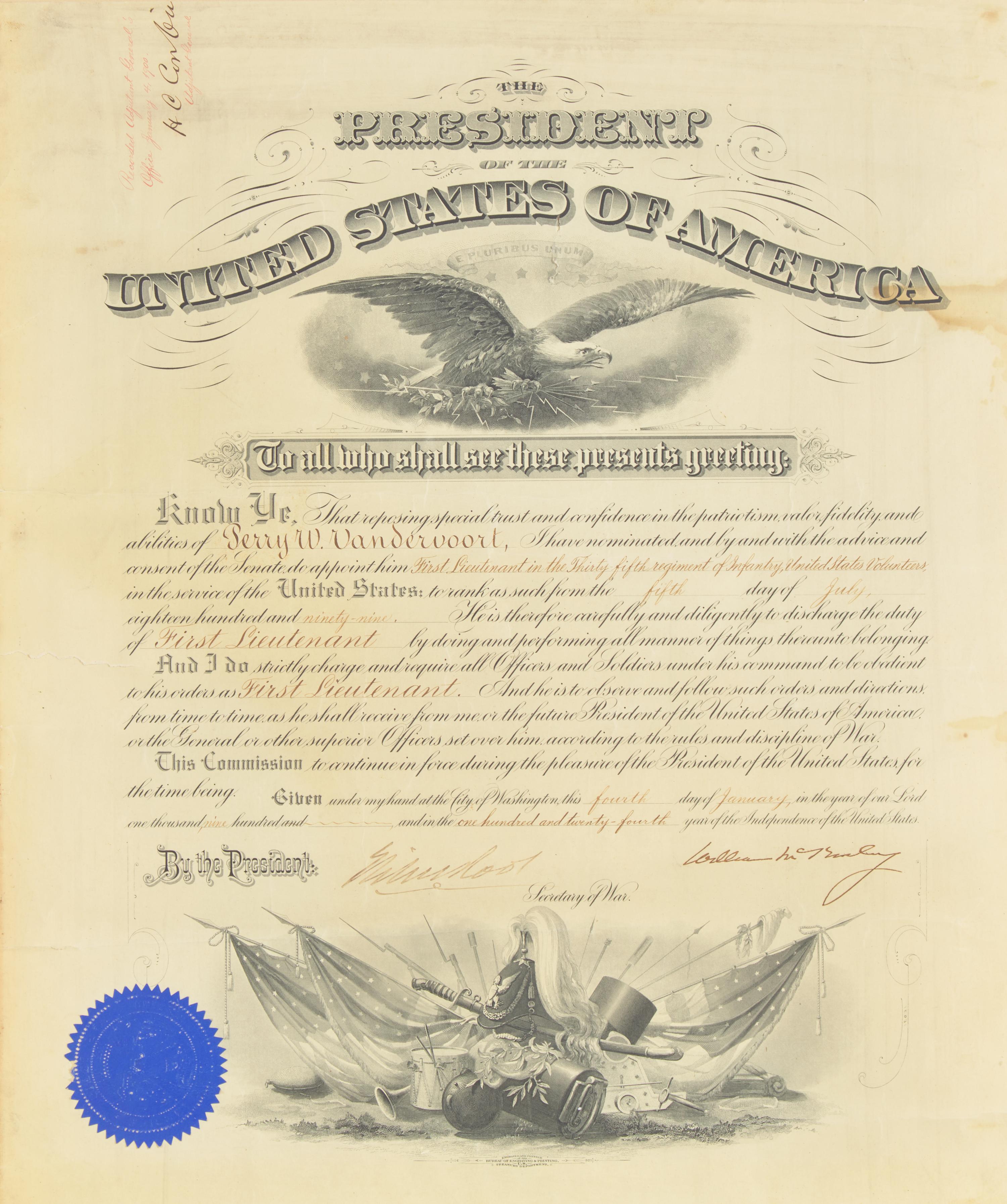 [Presidential] McKinley, William. Signed military commission