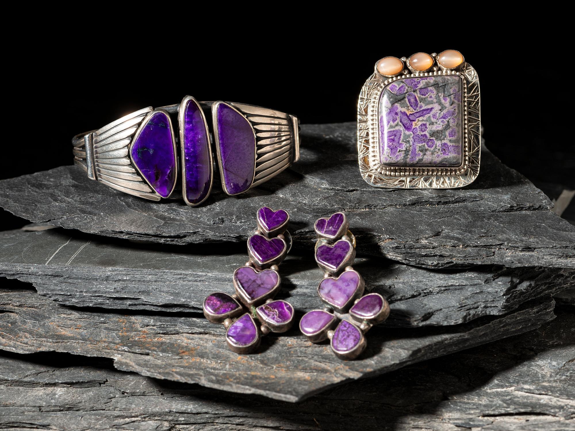 Southwestern-style Sugilite and Sterling Silver Cuff Bracelet and Post Earrings, PLUS