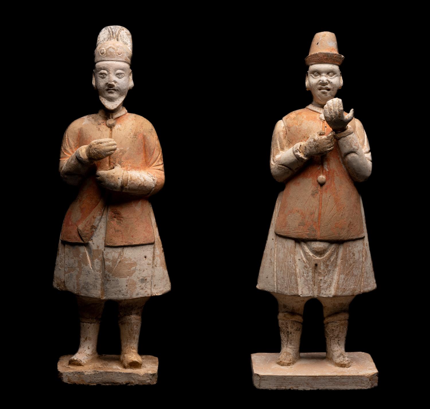 A Pair of Chinese Painted Pottery Figures of Attendants