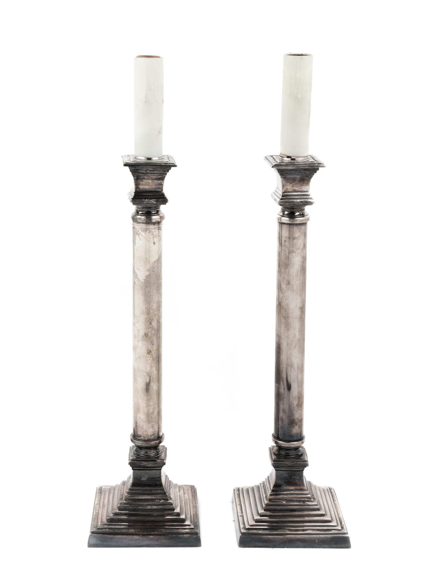 A Pair of Silver-Plate Columnar Lamps