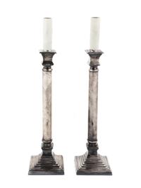 A Pair of Silver-Plate Columnar Lamps