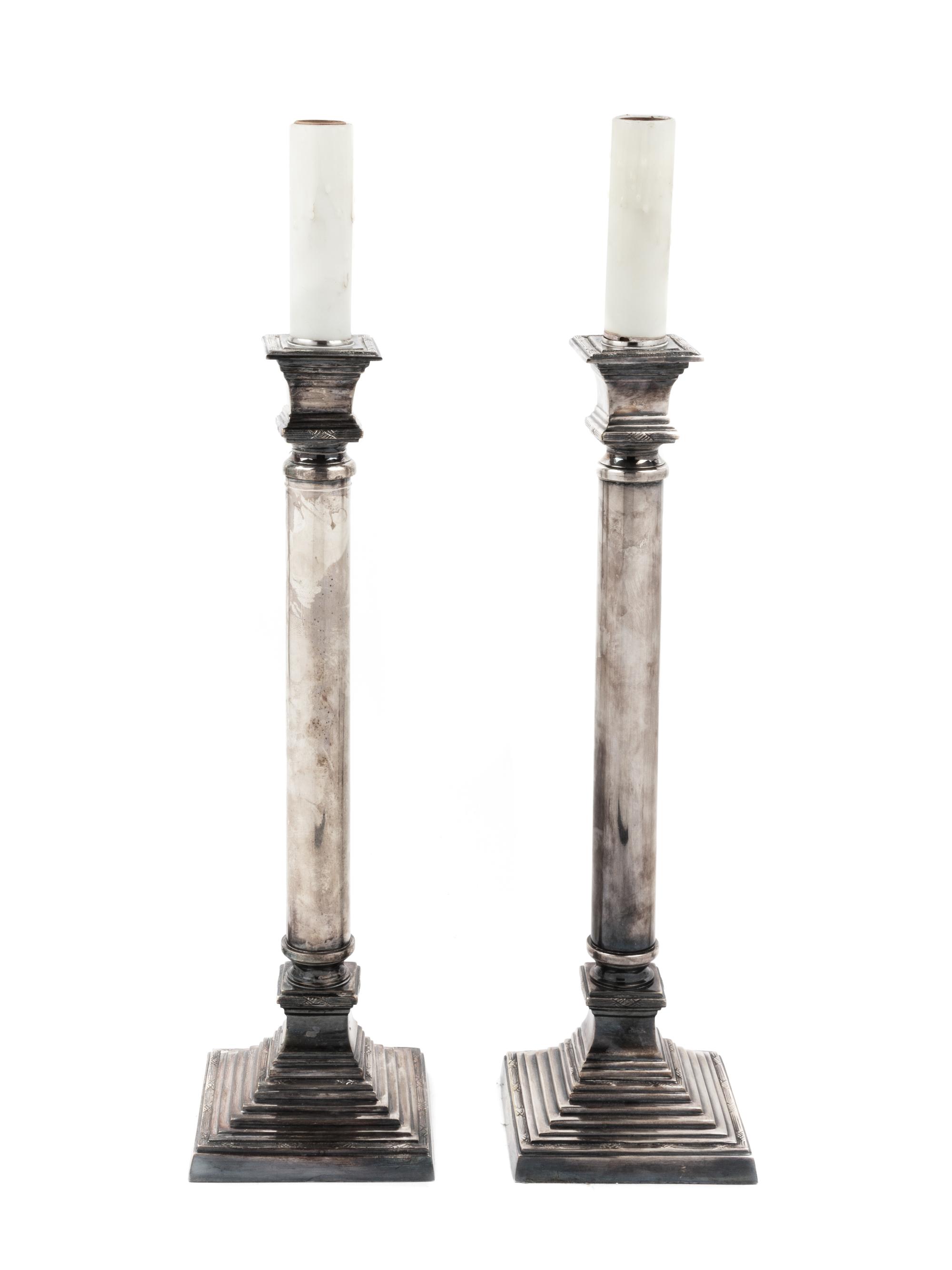 A Pair of Silver-Plate Columnar Lamps
