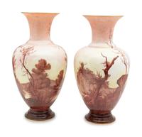 A Large Pair of French Painted Opaline Glass Vases