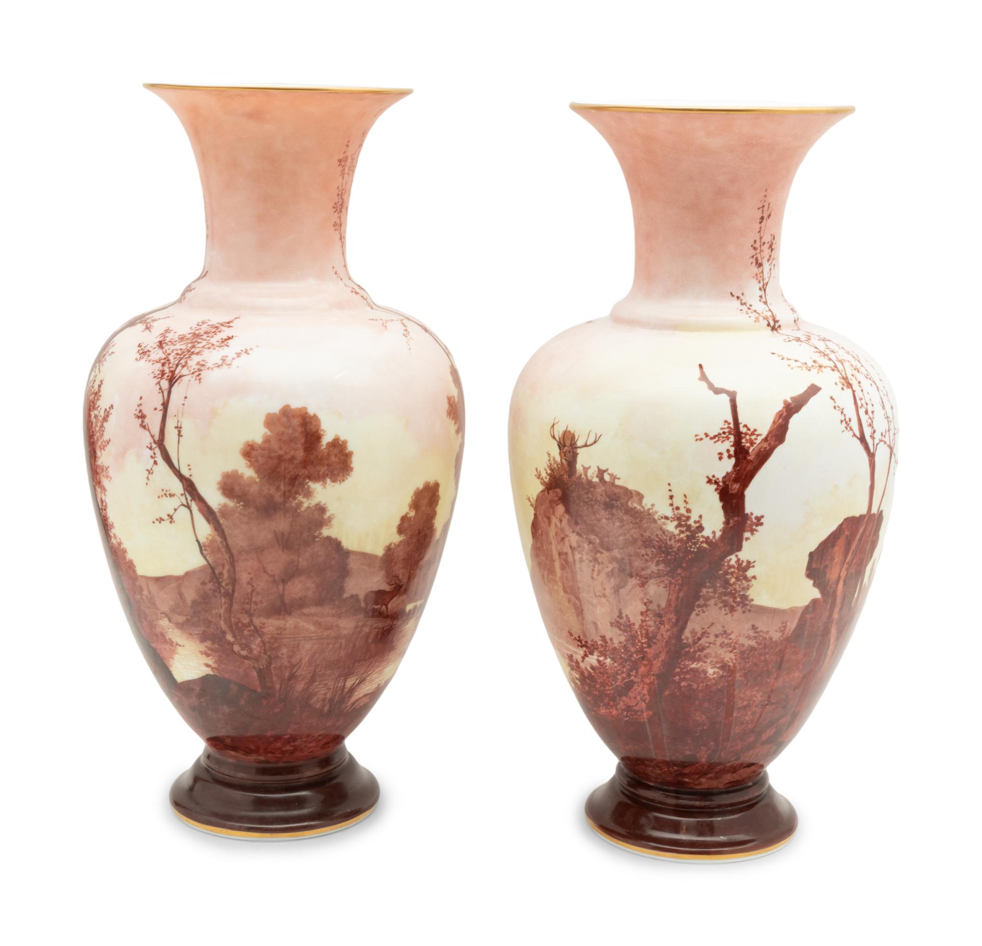 A Large Pair of French Painted Opaline Glass Vases