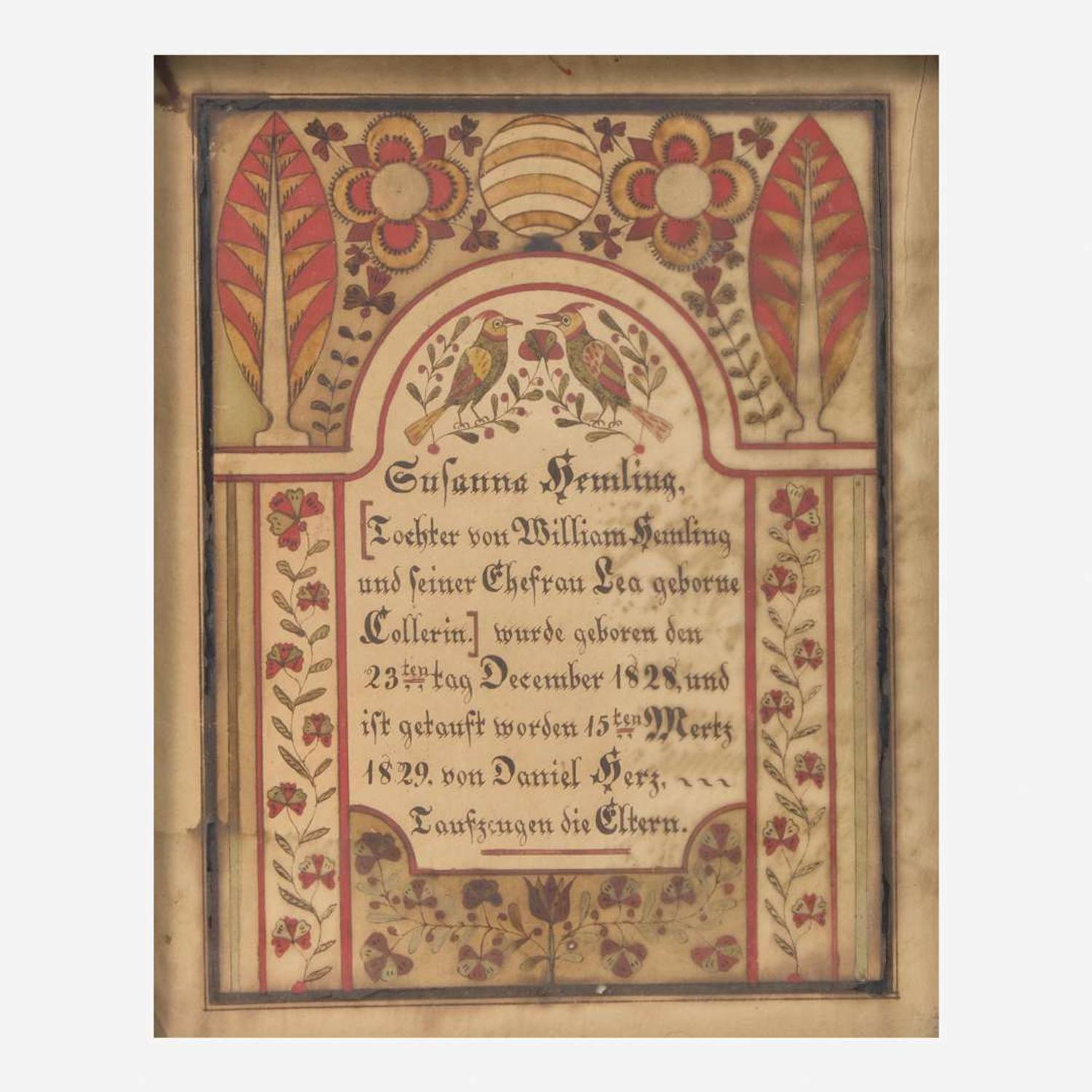 Samuel Bentz (1792-1850), Lancaster County, PA A Fraktur birth record for Susanna Hemling (Hamlin) (1828-1904)