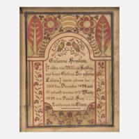 Samuel Bentz (1792-1850), Lancaster County, PA A Fraktur birth record for Susanna Hemling (Hamlin) (1828-1904)