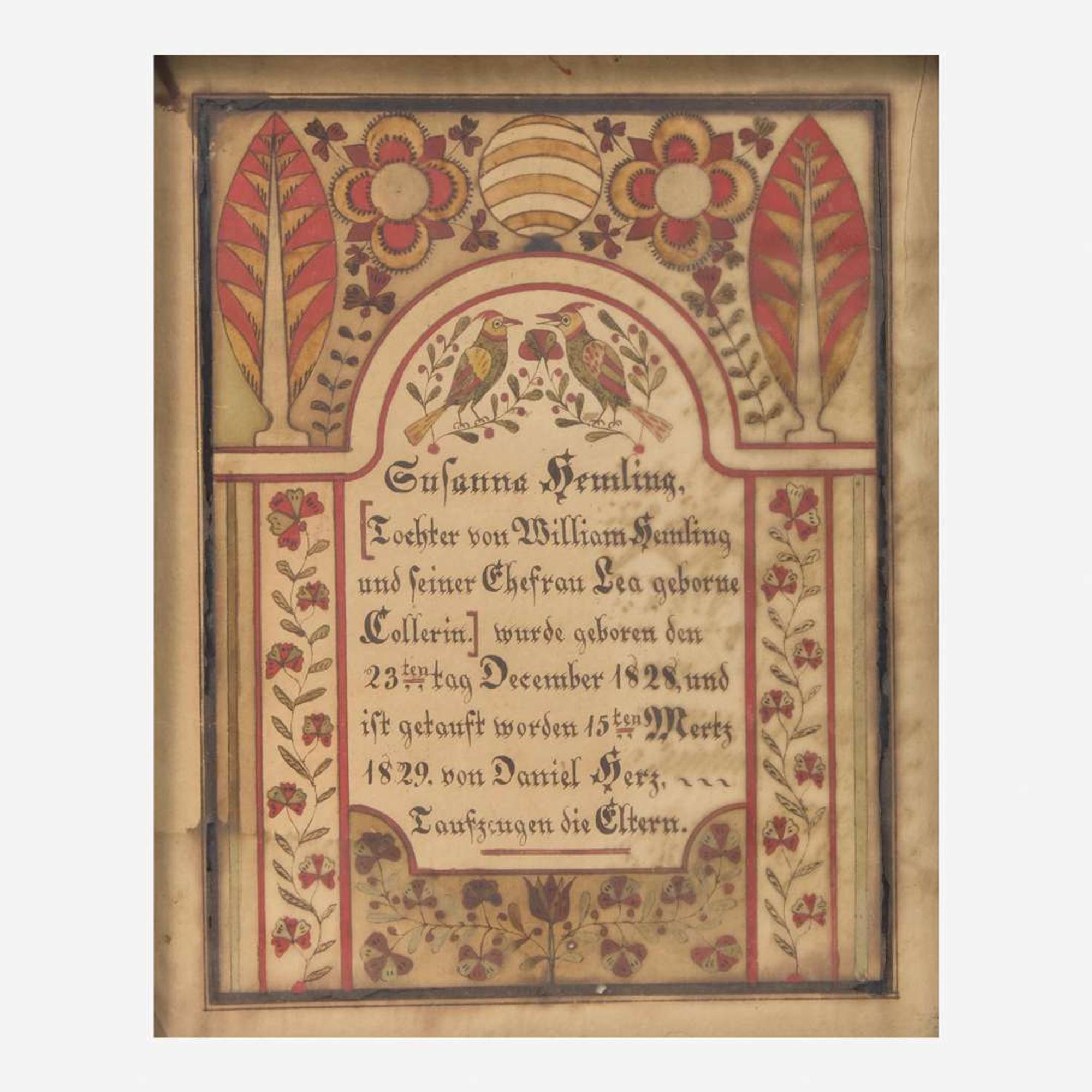 Samuel Bentz (1792-1850), Lancaster County, PA A Fraktur birth record for Susanna Hemling (Hamlin) (1828-1904)