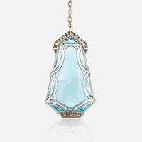 A diamond, aquamarine, and palladium pendant necklace, Tiffany & Co.