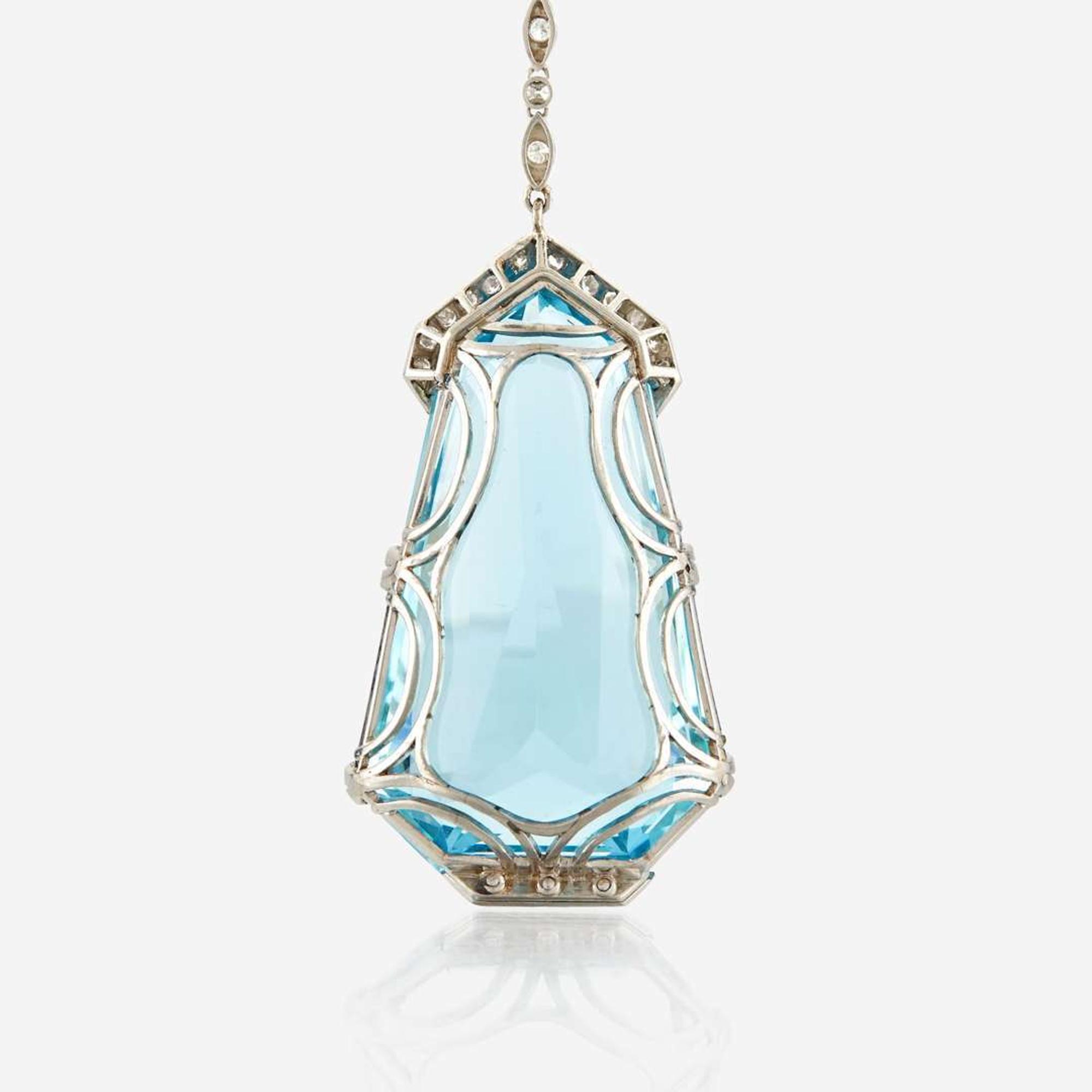 A diamond, aquamarine, and palladium pendant necklace, Tiffany & Co.