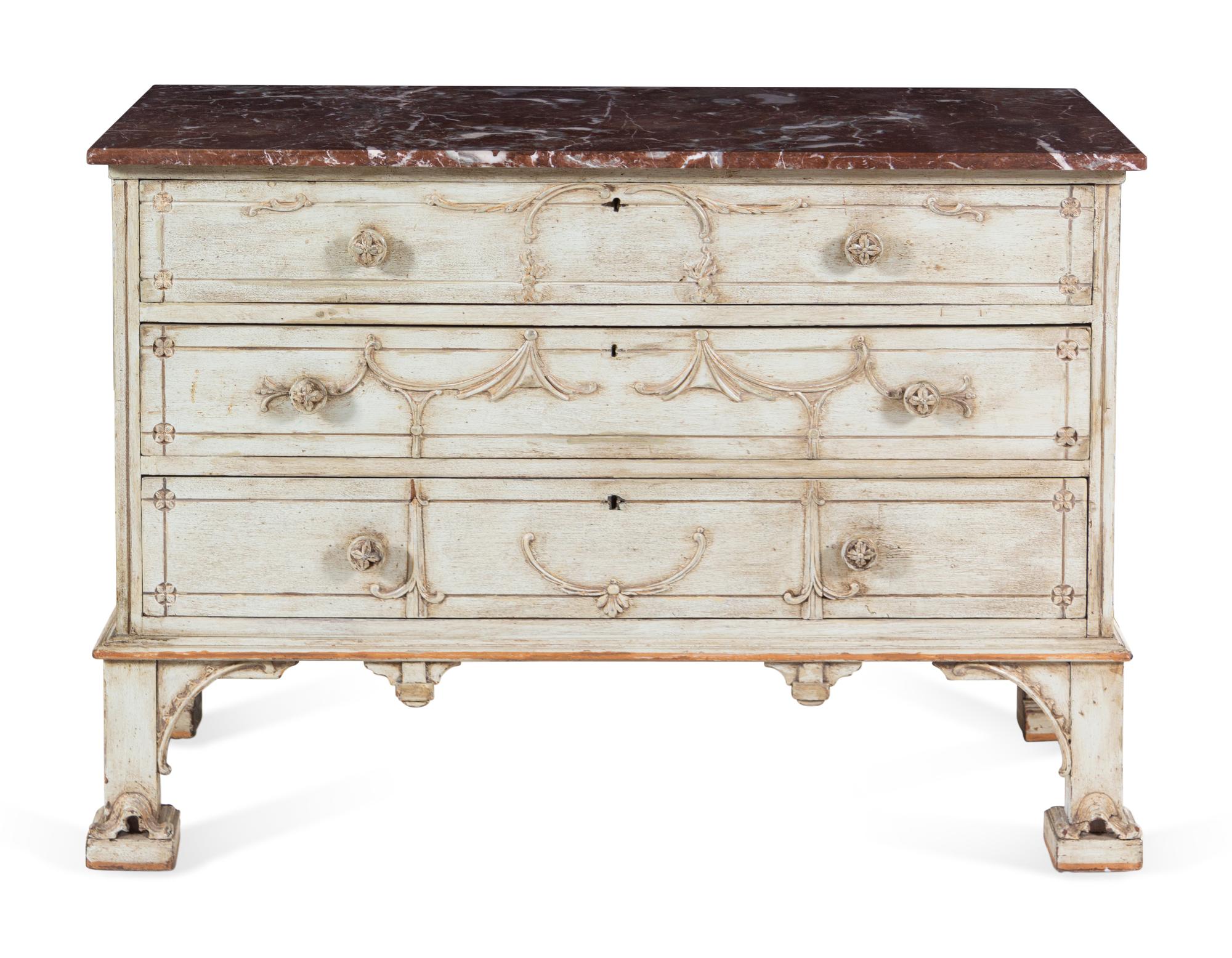 A George III Carved and Painted Marble-Top Commode in the Chinese Chippendale Taste