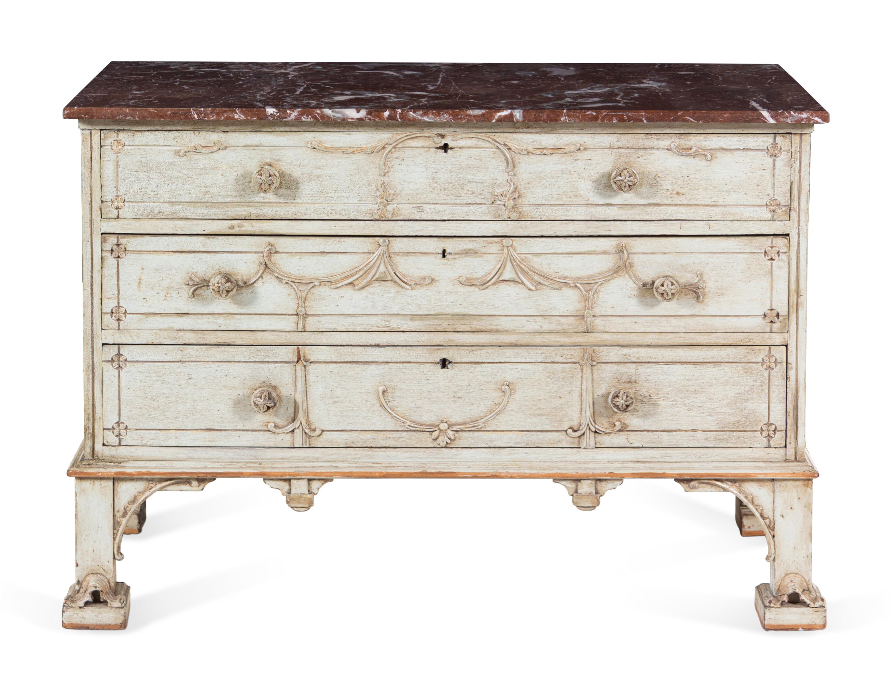A George III Carved and Painted Marble-Top Commode in the Chinese Chippendale Taste