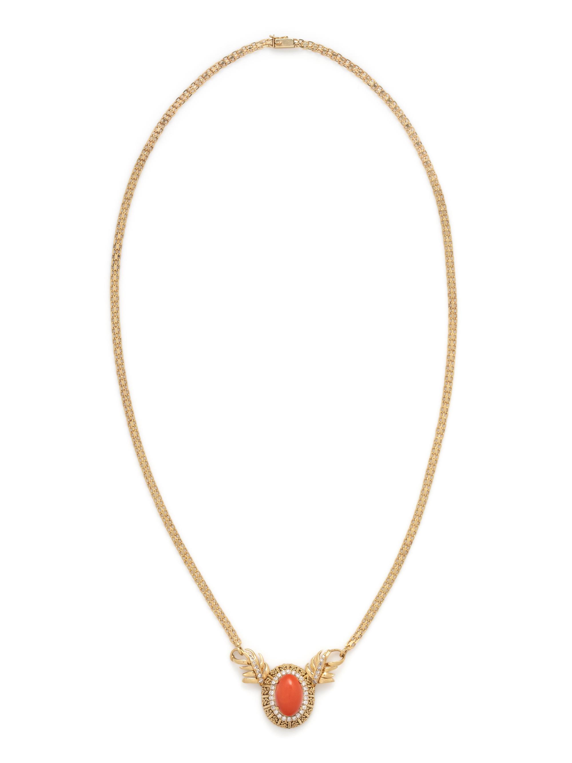 YELLOW GOLD, CORAL AND DIAMOND NECKLACE