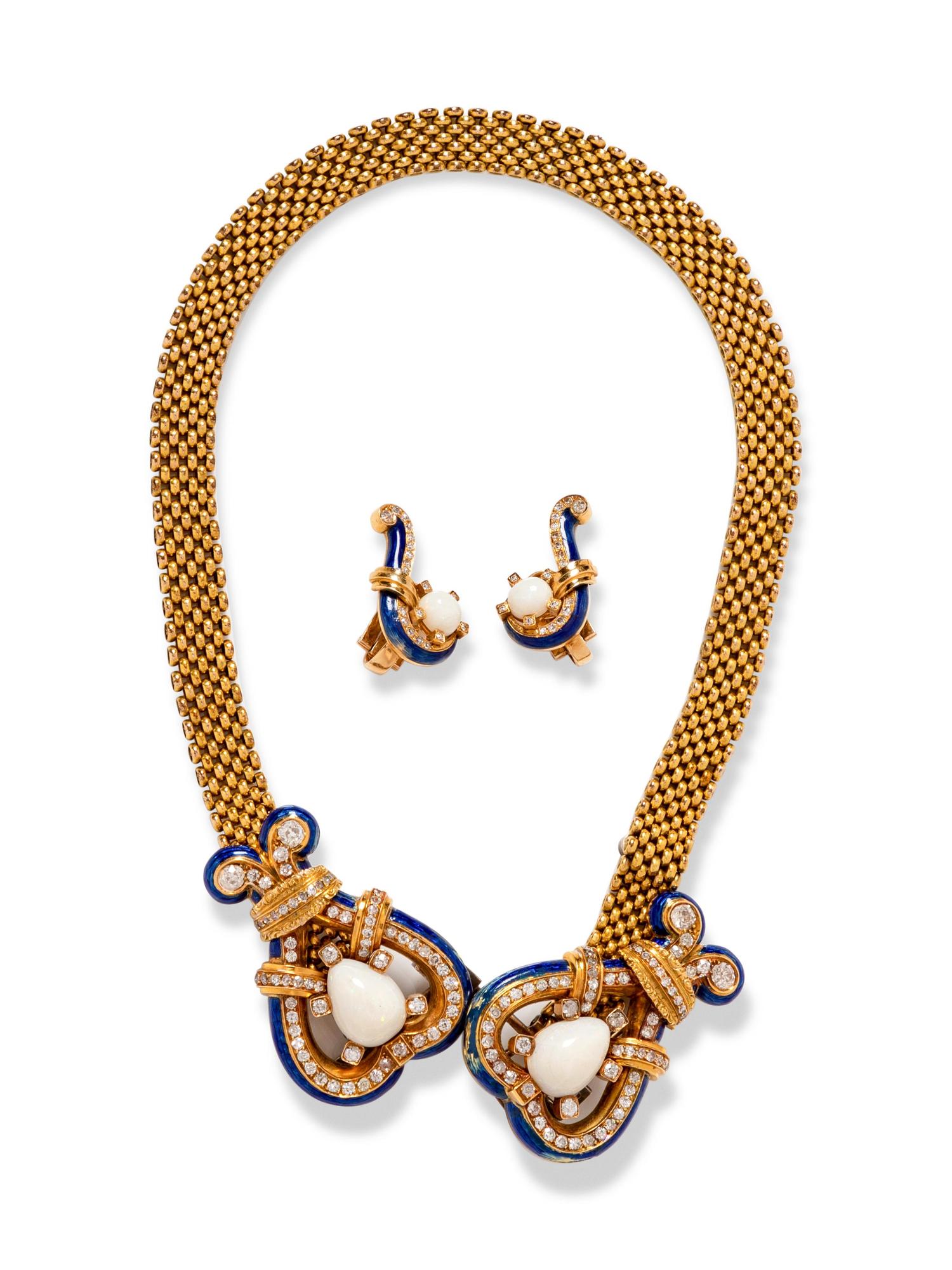 A Yellow Gold, Opal, Diamond and Enamel Demi-Parure,