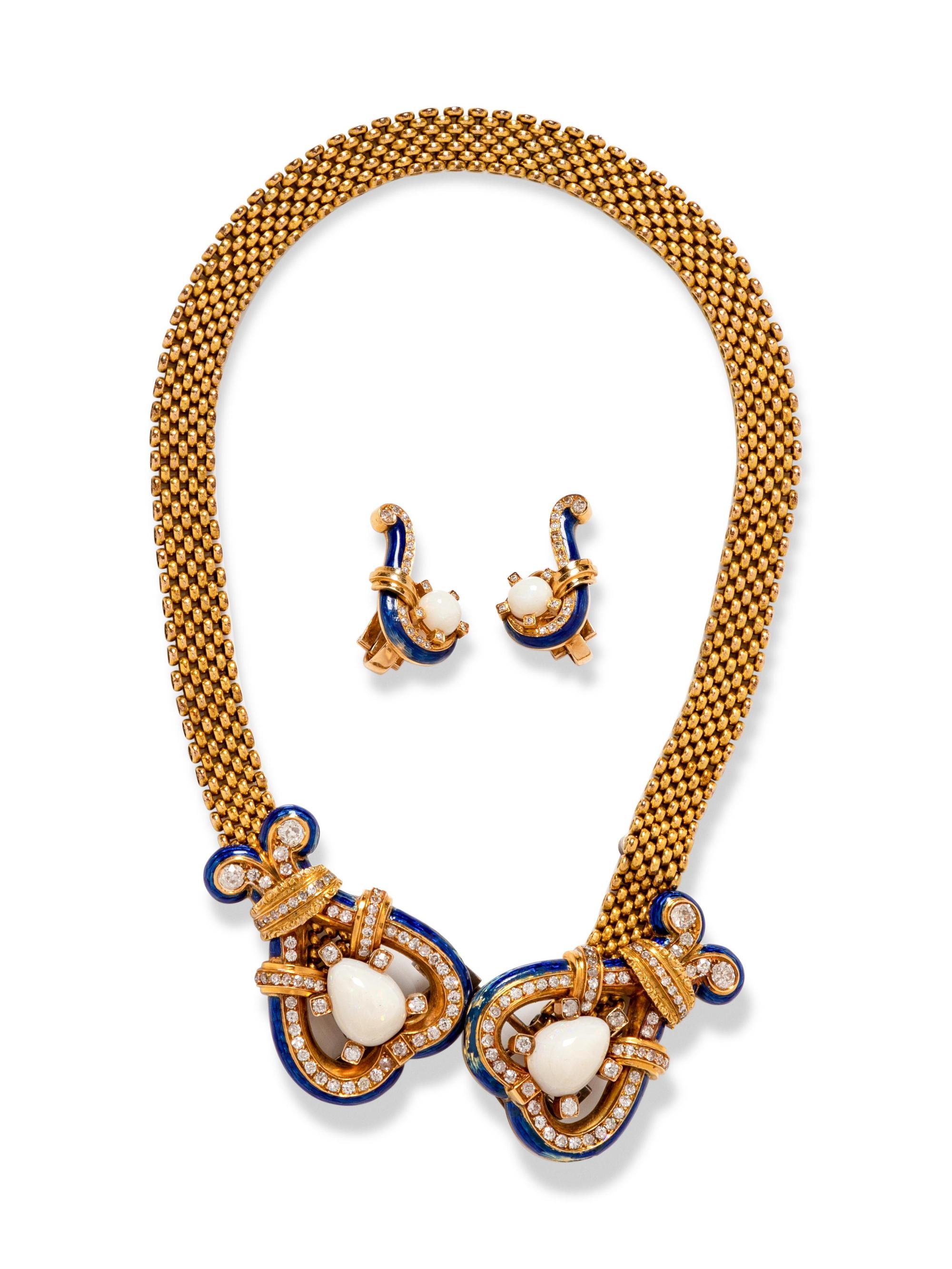 A Yellow Gold, Opal, Diamond and Enamel Demi-Parure,