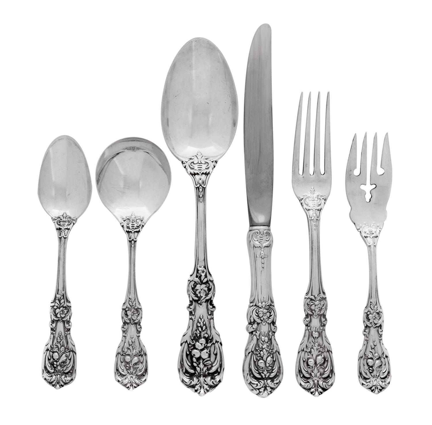 An American Silver Flatware Service, Reed and Barton, Taunton, MA, Francis I pattern, comprising: 12 dinner knives 12 dinner forks 12 s
